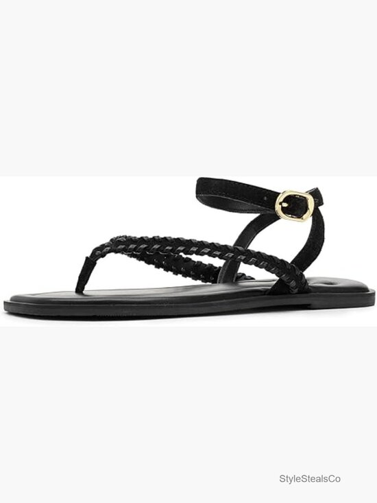 Shoes - Leather Square Toe Sandals with Adjustable Buckle
